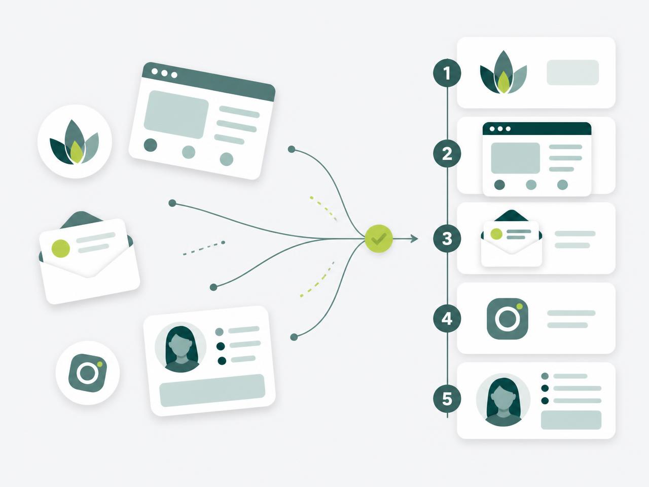 Scattered marketing pieces on the left becoming one numbered marketing system on the right